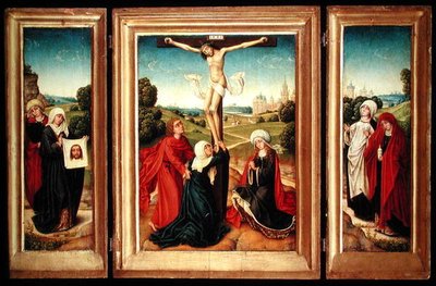 Tríptico com o painel central representando a Crucificação com a Virgem, São João e Maria Madalena; a ala esquerda: Santa Verónica e uma Santa Fêmea; e a ala direita: As Duas Marias (óleo sobre painel) de Master of the Legend of St. Catherine