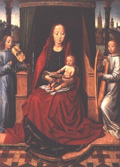 Madonna e Criança com Dois Anjos Musicais de Master of The Legend of St. Lucy