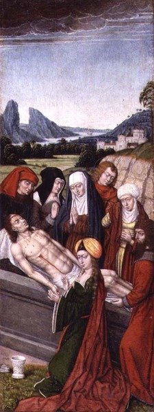 O Entombamento (óleos grisaille em painel) de Master of the Legend of St. Ursula (circle)