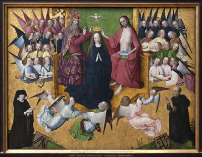 A coroação de Maria. Representação da Santíssima Trindade: Deus, Jesus Cristo e a pomba do Espírito Santo (Espírito Santo). Pintura do Mestre da Paixão de Lyversberger (ativo 1460-1490), óleo sobre madeira, arte alemã do início do século XV. Munique, Alte de Master of the Lyversberg Passion