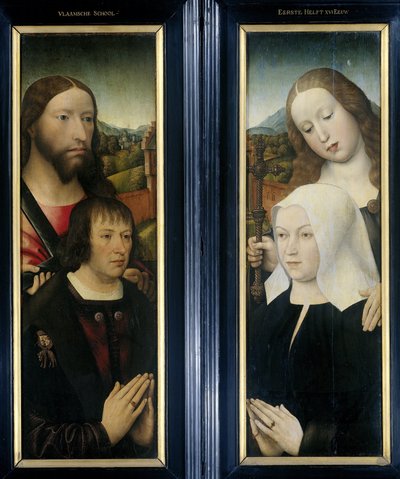 Duas asas de um tríptico com o doador, Thomas Isaacq, acompanhado por São Tomás (esquerda, asa externa) e a esposa do doador acompanhada por Santa Margarida (direita, asa externa) de Master of the Magdalen Legend
