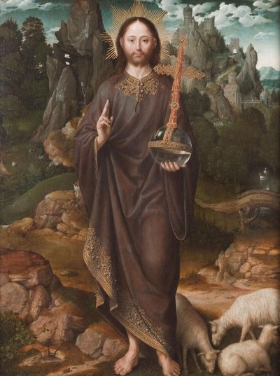 Holandês: Christus als Salvator Mundi Salvator Mundi numa paisagem de Master of the Mansi Magdalen