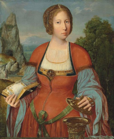 Madalena segurando um Livro de Horas numa paisagem de Master of the Mansi Magdalen