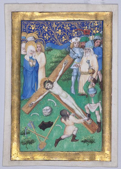 Folha de um livro de horas: Cristo sendo pregado na cruz de Master of the Maximilian Schoolbooks