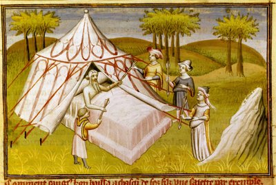 O líder mongol Gengis Khan no seu leito de morte dando as suas últimas recomendações aos seus filhos, c.1410 (miniatura) de Master of the Mazarine