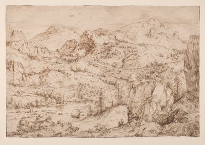 Paisagem com desenho de um artista, c.1606-08 circa (caneta e tinta e giz preto sobre papel) de Master of the Mountain Landscapes