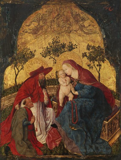 Virgem e Criança com um Doador Apresentado por São Jerônimo, ca. 1450. de Master of the Munich Bavarian Panels