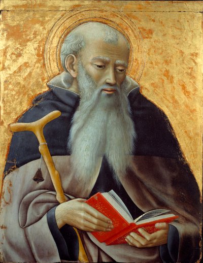 Santo Antônio, Representação de Santo Antônio o Grande (250/251-356) (ou Santo Antônio o Eremita). Pintura sobre madeira do Mestre da Observância (ativa por volta de 1425-1450) Sol. 0,73x0,59 m de Master of the Osservanza