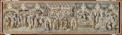 O altar de Narbonne: Cristo feito prisioneiro, escarnecido, coroa de espinhos, crucificação, sepultura, ressurreição ... de Master of the Parement of Narbonne