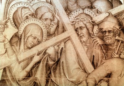 A partitura de Narbonne: o Cristo carregando a sua cruz (grisaille sobre seda de Master of the Parement of Narbonne