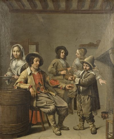Menino servindo uma taça de vinho para um camponês, c.1650 (óleo sobre tela) de Master of the Processions