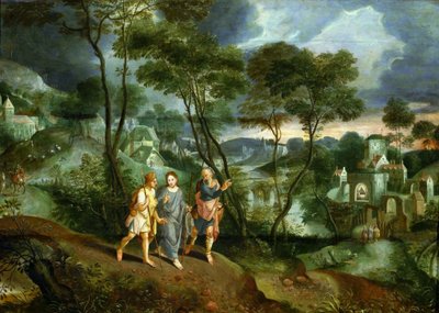 Cristo com os discípulos a caminho de Emaús de Master of the Prodigal Son