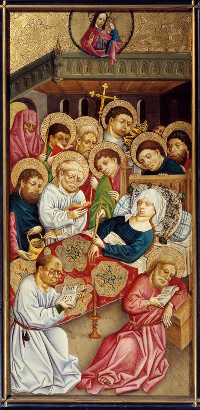 A morte da virgem. Os santos vêm para se reunir à volta da cama ou descansar o corpo da Virgem Maria. Pintura do Mestre do Alto Reno de Master of the Rhine