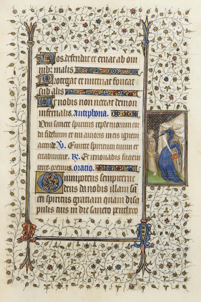 Ms 62 f.132r Personificação da Necromancia esfaqueando um livro, das “Horas do Espírito Santo” de 1350, 1417 de Guillaume de Deguilleville (tinta e folha de ouro em pergaminho) de Master of the Rohan Hours
