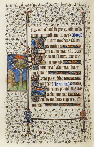 Ms 62 f.132v Figura alada numa copa de árvore com livro perfurado por uma espada, das "Horas do Espírito Santo" de 1350, 1417 de Guillaume de Deguilleville (tinta e folha de ouro em pergaminho) de Master of the Rohan Hours