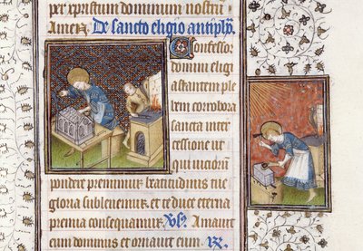 Ms 62 f.215r São Eligius fazendo um Santuário; St. Eligius em uma bigorna, de um livro de horas de Master of the Rohan Hours
