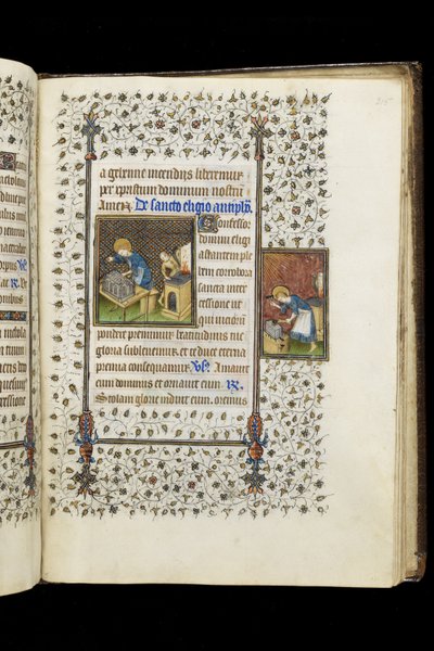 Ms 62 f.215r St. Eligius fazendo um santuário; Santo Eligius em uma bigorna, de um livro de horas, c.1445-50 (pergaminho) de Master of the Rohan Hours