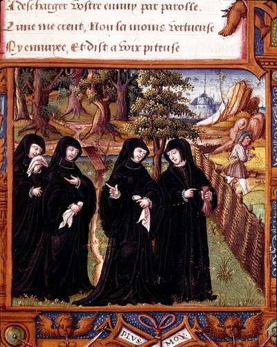 Representação da Rainha de Navarra Margarita de Angoulema (1492-1549) falando com seus companheiros Página extraída do manuscrito "La coche ou Debat d