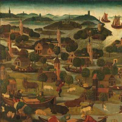 A Inundação do Dia de Santa Isabel
Exterior da ala direita de um retábulo representando a inundação do dia de Santa Elizabeth, 18-19 de Novembro de 1421, com a ruptura do dique em Wieldrecht de Master of the St Elizabeth Panels