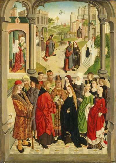 Holandês: O Matrimónio de Maria. Em segundo plano (da esquerda para a direita), o nascimento de Maria, a expulsão de Joaquim do templo, a proclamação a Joaquim, o encontro na Porta Dourada e a apresentação de Maria no templo. de Master of the Tiburtine Sibyl