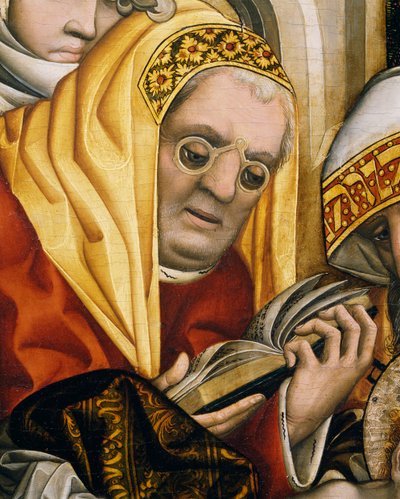 Padre de óculos, detalhe da Circuncisão de Cristo de Master of the Tucher Altarpiece