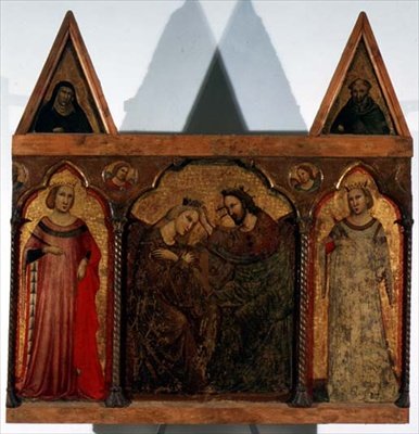 Tríptico: Coroação da Virgem flanqueada por dois santos (tempera no painel) de Master of the Urbino Coronation