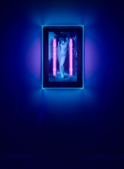 Anjo ultravioleta, 2008 (tinta ultravioleta sobre caixa de plexiglas, 2 luzes de néon ultravioleta) de Mat Collishaw