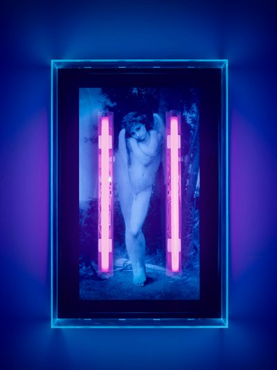 Anjo ultravioleta, 2008 (tinta ultravioleta sobre caixa de plexiglas, 2 luzes de néon ultravioleta) de Mat Collishaw