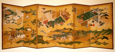 Contos de Genji, c.1650 (tinta, cor e folha de ouro sobre papel, ecrã de seis dobras) de Matabei Iwasa