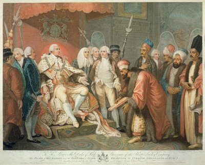 Sua Majestade e Oficiais de Estado Receber o Embaixador da Turquia e Terno, gravado por Daniel Orme (1767-p. 1832), pub. por Edward Orme, 1797 (stipple engraving) de Mather Brown