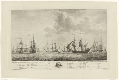 Frota de guerra holandesa ao largo de Rammekens, 1782-1783 Vista dos navios de guerra nacionais, sob o comando do contra-almirante, van Kruyne, na enseada de Rammekens, em den Jaare 1782 e 1783 (título no objeto) de Mathias de Sallieth