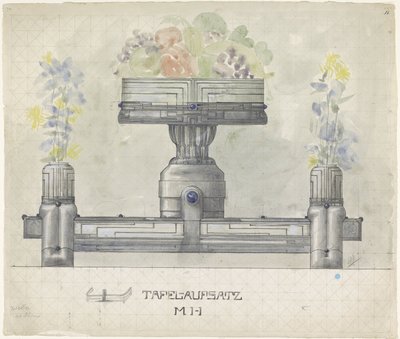 Design para centro de mesa prateado, decorado com flores e frutas de Mathieu Lauweriks