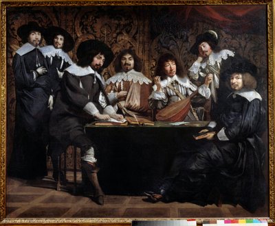 Encontros de amadores ou academia Reunião de artistas e intelectuais. Pintura de Mathieu Le Nain (Lenaína) (1607-1677) Sol do século XVII. 1,16x1,46 m Paris musee du Louvre de Mathieu Le Nain