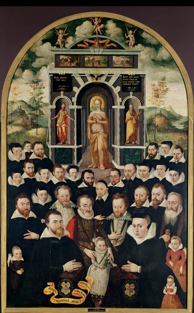 Painel alegórico representando a Virgem, Henri IV (1553-1610) e cortesãos, doadores, sua esposa e membros de sua família de Mathieu Prieur