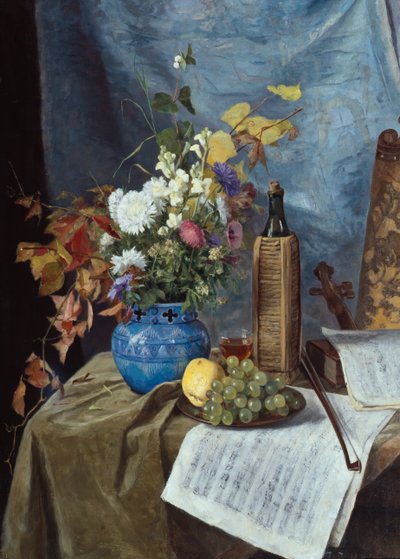 Arranjo com garrafa de vinho, flores e frutas de Mathilde Dietrichson