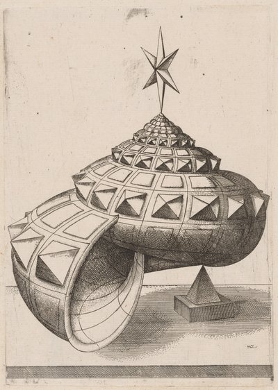 Uma perspectiva de uma concha de caracol facetada equilibrada em uma pirâmide de Mathis Zündt, after Hans Lencker