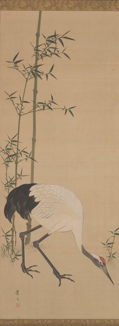 Gruas, Bambu e Pinho, Período Edo (tinta e cores aquosas sobre seda) de Matsumura Keibun