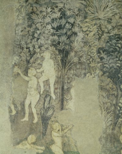 Detalhe dos homens tomando banho do esquema decorativo no Salão dos papas, afresco 1437 de Matteo Giovanetti