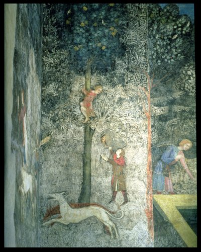 Cães de caça e homens escalando uma árvore, detalhe do esquema decorativo de La Chambre du Cerf Stag Room 1347 afresco de Matteo Giovanetti