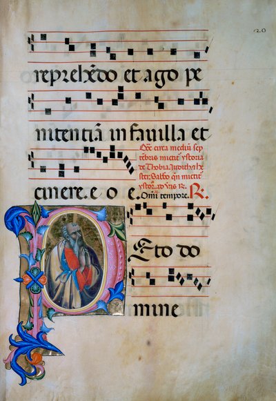 Inicial iluminada com a figura de São Miguel Arcanjo derrotando os demônios (Corale 5, c. 105v), para o livro coral 5 de Santa Maria degli Angeli de Matteo di Filippo Torelli