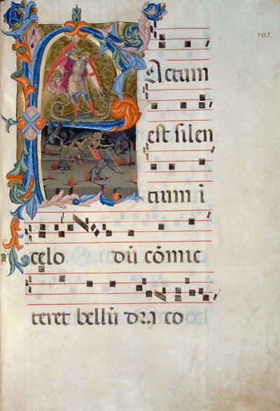 São Miguel Arcanjo derrota os demónios. Miniatura atribuída a Matteo Torelli, de uma datação antífona a 1394 (Corale 5, c. 105v) de Matteo di Filippo Torelli