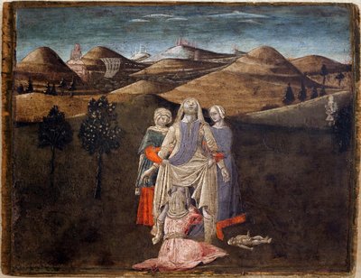 Lenda de Rômulo e Remo: o nascimento de Rhea Silvia. Pintura de Matteo di Giovanni (1430-1495), detrempe sobre madeira, 27,9 x 35,7 cm. Arte italiana do século XV. Musee des Beaux Arts de Libourne. de Matteo di Giovanni di Bartolo