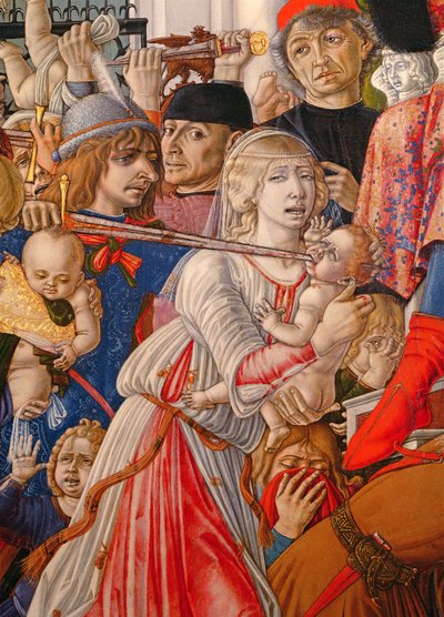 O massacre dos inocentes, detalhe de um soldado perfurando um bebê com sua espada, 1482 tempera no detalhe do painel de 106233 de Matteo di Giovanni di Bartolo