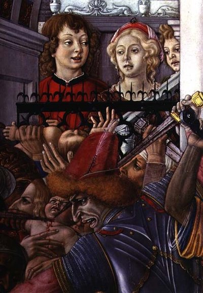 O Massacre dos Inocentes, detalhe de dois espectadores a observar a carnificina do palácio de Matteo di Giovanni di Bartolo