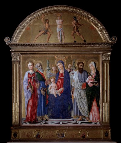 Virgem com criança e São Bartolomeu, Santa Catarina, Santa Lúcia e São Mateus - Altarpiece de Matteo di Giovanni di Bartolo