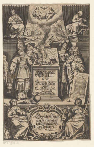 Sacrifício de um cordeiro por quatro homens
Página de título para: Martin Luther. Biblia das ist Die gantze Heilige Schrift Durch D. Martin Luther verteutscht, s.a. de Matthäus Merian (I)