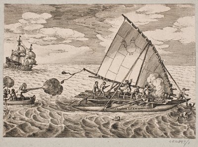 Navio de captura holandês com pessoas selvagens e crianças de Matthäus Merian d.Æ.