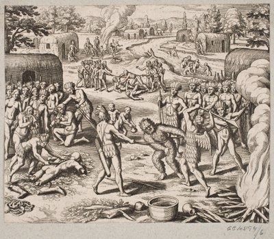Quando eles capturam um de seus inimigos, eles são executados de forma bárbara e desumana e comidos de Matthäus Merian d.Æ.