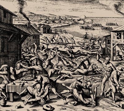 Ataque Powhatan em 22 de março de 1622, 1628. de Matthaus the Elder Merian
