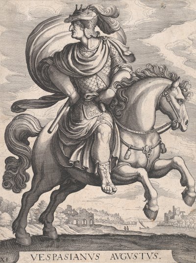 Imperador Vespasian on Horseback, da série The First Twelve Roman Caesars, placa 1..., 1610-50. de Matthaus Merian